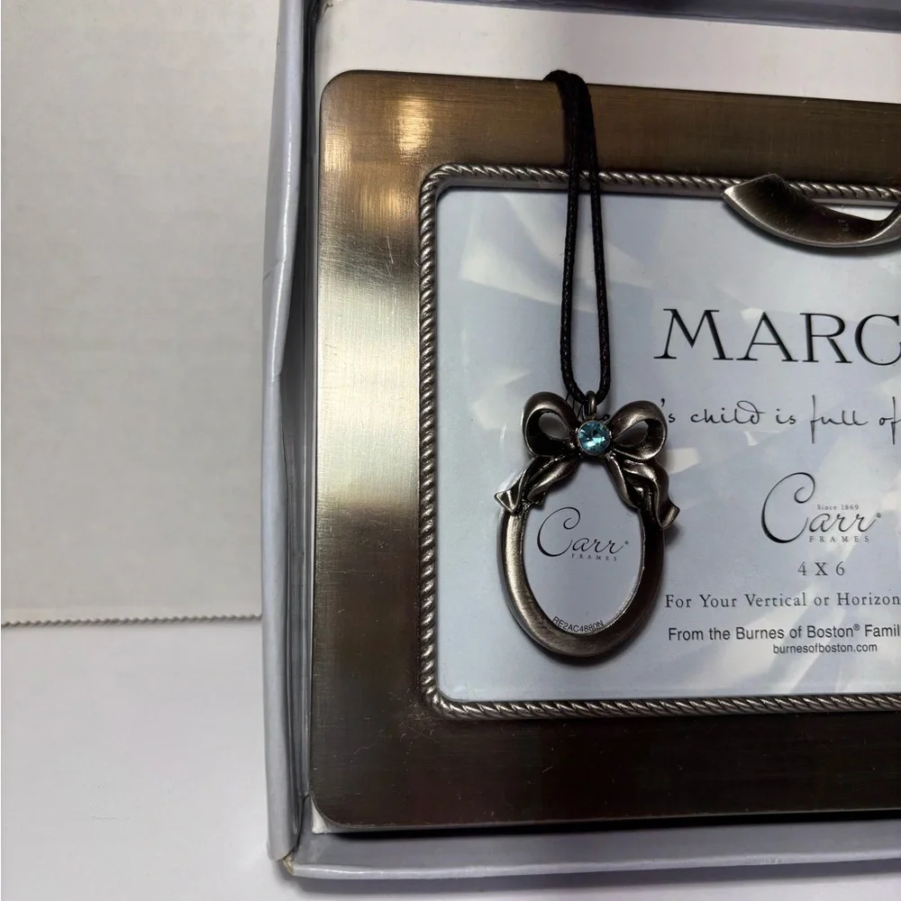Aquamarine Birthstone Picture Frame  With Photo Necklace March Czech Crystal